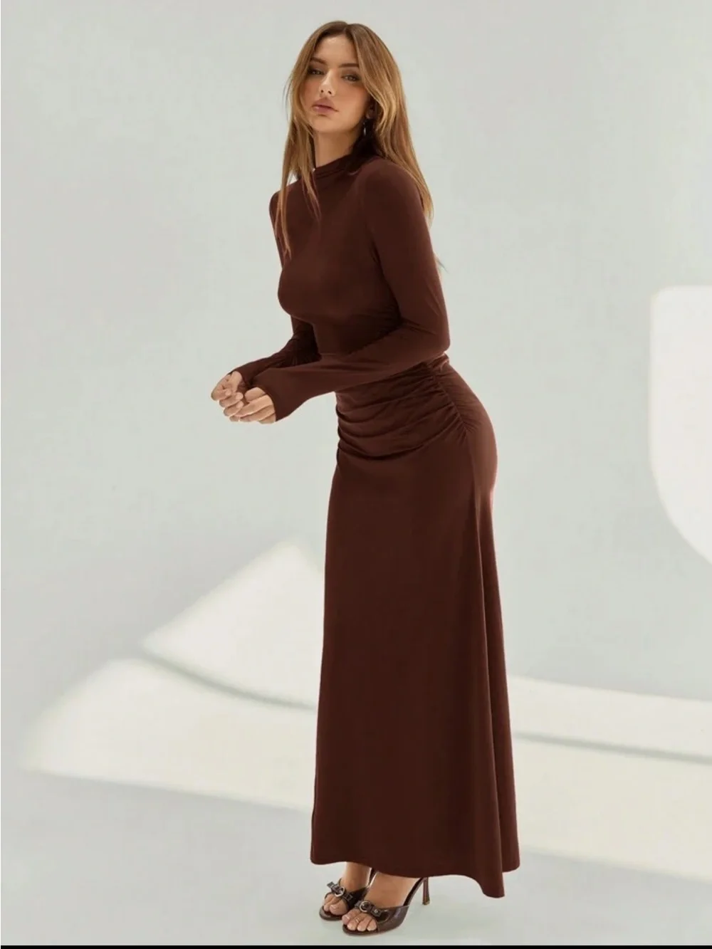 Women's Long Sleeve Ruched Maxi Dress - Chocolate Brown XS  BNWOT - Picture 4 of 14